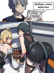 1boy animal_ears cake cellphone cissia_(zenless_zone_zero) dorahdew eating jane_doe_(zenless_zone_zero) long_hair mouse_ears mouse_tail multiple_girls phone refrigerator short_hair smartphone wise_(zenless_zone_zero) zenless_zone_zero