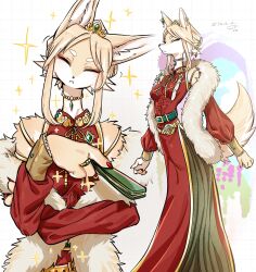  1girl animal_ear_fluff animal_ears bead_choker beads blonde_hair body_fur closed_eyes closed_mouth commentary dress fox_ears fox_girl fox_tail furry furry_female hand_fan highres holding holding_fan looking_at_viewer nail_polish original red_dress red_nails saaa solo tail triangle_mouth untranslatable_commentary white_background yellow_fur 