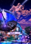  bubble building city clouds cloudy_sky evening fantasy highres little_pine night original outdoors reflection road scenery shop sign sky sparkle star_(sky) starry_sky street sunset town tree twilight umbrella walking 