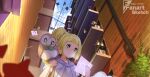  1girl balcony bird blonde_hair brick_wall building closed_mouth clouds commentary_request day edgar_syu eyelashes from_below green_eyes highres holding holding_strap lillie_(pokemon) looking_down map outdoors pidgey pokemon pokemon_(creature) pokemon_(game) pokemon_sm rowlet shirt short_sleeves sky wall watermark 