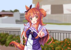  1girl absurdres animal_ears blush bow bowtie breasts brown_ribbon collarbone ear_bow ear_ribbon hair_between_eyes highres horse_ears horse_girl horse_tail long_hair looking_at_viewer male_focus mayano_top_gun_(umamusume) open_mouth orange_eyes orange_hair orange_tail outdoors pleated_skirt puffy_short_sleeves puffy_sleeves purple_bow purple_bowtie purple_shirt ribbon sailor_collar sailor_shirt school_uniform shinonome_halltro shirt short_sleeves skirt smile solo tail tracen_school_uniform two_side_up umamusume white_sailor_collar white_skirt 