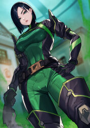 1girl green_bodysuit green_eyes valorant viper_(valorant)