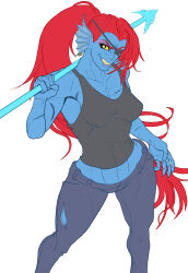  1girl 2023 2d abs anthro armpit black_eyepatch black_tank_top blue_pants blue_skin breasts carrying carrying_over_shoulder claws cleavage clip_studio_paint_(medium) colored_sclera colored_skin colored_teeth commentary contrapposto cowboy_shot digital_media ear_fins earrings english_commentary eyepatch female female_only fins fish fish_girl flat_color from_above head_fins high_ponytail highres holding holding_polearm holding_spear holding_weapon legs_apart long_hair looking_at_viewer making-of midriff monster monster_girl moondo9 multiple_earrings pants polearm ponytail red_hair scar sharp_teeth simple_background slit_pupils solo spear standing tank_top teeth toned toned_female torn_clothes torn_pants undertale undyne utdr_(toby_fox) weapon white_background yellow_sclera yellow_teeth 