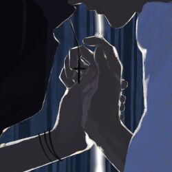  black_shirt bracelet character_request close-up collared_shirt cross_pendant eyes_out_of_frame face-to-face hand_focus head_out_of_frame highres holding_hands jewelry resident_evil shirt white_shirt xianyu_chuan 