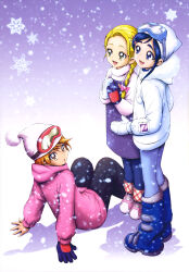  3girls :d absurdres apron beanie black_mittens black_pants blonde_hair blue_boots blue_eyes blue_hair blue_pants boots bow braid braided_ponytail brown_eyes eyewear_on_headwear fur-trimmed_jacket fur_trim futari_wa_precure futari_wa_precure_max_heart goggles green_eyes hair_bow hair_ornament hair_over_shoulder hairclip hands_on_ground hat heart heart_hair_ornament highres hood hooded_jacket jacket kamikita_futago knees_up kujou_hikari long_sleeves looking_to_the_side looking_up misumi_nagisa mittens multiple_girls official_art on_ground open_mouth orange_hair pants parted_lips pink_boots pink_bow pink_jacket pom_pom_(clothes) pom_pom_beanie precure purple_apron scan single_braid single_mitten sitting ski_boots ski_goggles smile snowflakes snowing standing thick_eyebrows third-party_source white_jacket white_mittens winter_clothes yukishiro_honoka 