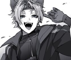  1boy blue_eyes commentary_request finger_to_head goggles goggles_on_head hand_up highres hyena_boy hyena_ears jacket male_focus mitsuro_illust open_mouth ruggie_bucchi ruggie_bucchi_(spelldrive_uniform) short_hair simple_background solo spot_color tongue tongue_out twisted_wonderland upper_body white_background 