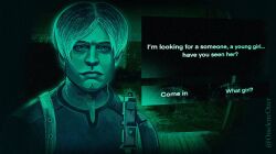  1boy chest_holster commentary dark dialogue_options english_commentary game_screenshot_background highres leon_s._kennedy limited_palette looking_at_viewer male_focus no_i'm_not_a_human omeletteotter options portrait resident_evil resident_evil_requiem screenshot_background short_hair solo 