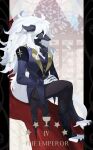  1boy background_text bangs black_fur black_panther closed_mouth commentary_request expressionless fate/grand_order fate_(series) full_body furry highres invisible_chair jacket long_hair looking_at_viewer male_focus multicolored_fur ne_f_g_o no_shoes sitting solo spoon tarot the_emperor_(tarot) white_fur white_hair woodwose_(fate) 