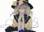  1girl bad_id bad_twitter_id black_headwear blouse bow closed_mouth frilled_shirt_collar frilled_sleeves frills green_eyes green_hair hair_over_eyes hands_up hat hat_bow head_rest highres holding holding_knife interlocked_fingers knife komeiji_koishi koyomiyoko_o long_sleeves looking_at_viewer medium_hair own_hands_together shaded_face shirt simple_background smile solo third_eye touhou upper_body white_background wide_sleeves yellow_bow yellow_shirt 