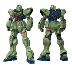  absurdres back blue_eyes clenched_hands commentary_request dual_persona earth_federation glowing glowing_eyes gun gun-ez gundam highres machine_gun mecha mecha_focus military_rank_insignia mobile_suit multiple_views no_humans realistic robot roundel science_fiction seotaku_(kyokkou) victory_gundam weapon white_background 