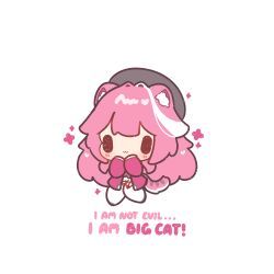  1girl :3 animal_ear_fluff animal_ears black_hat blush chibi chibi_only closed_mouth commentary decrilus english_commentary english_text full_body hair_intakes hat highres hololive hololive_english long_hair multicolored_hair panther_ears panther_girl panther_tail pink_hair raora_panthera simple_background smile solo standing streaked_hair tail virtual_youtuber white_background white_streaks 