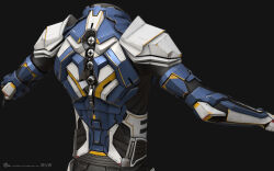  3d armor armored_bodysuit blue_armor commentary company_logo company_name concord_assembly_(eve_online) copyright_logo copyright_name dark_background dated english_commentary eve_online from_behind grey_background grey_theme highres logo marmoset_toolbag_(medium) maya_(medium) no_humans official_art realistic science_fiction simple_background undoz upper_body white_armor 