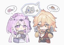  armor bag belt black_pants blonde_hair book braid castorice_(honkai:_star_rail) cat chibi commentary dress earrings exposed_muscle flower gauntlets hair_flower hair_ornament holding holding_book holding_knife holding_spatula honkai:_star_rail honkai_(series) jewelry knife low_twintails mydei_(honkai:_star_rail) pants pauldrons pointy_ears purple_hair short_hair shoulder_armor single_braid single_pauldron single_sleeve sleeveless spatula tattoo twintails v violet_eyes white_dress yellow_eyes you_1ehsr 