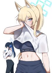  2girls absurdres blue_archive breasts commentary_request highres kanna_(blue_archive) long_hair looking_at_viewer mirror multiple_girls ponytail reflection saori_(blue_archive) shirokami_da sports_bra stomach thai_commentary under_boob 