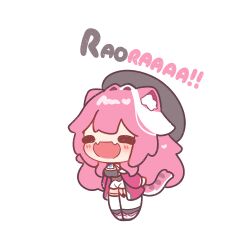  1girl :d animal_ear_fluff animal_ears black_hat blush chibi chibi_only closed_eyes commentary decrilus fangs full_body hair_intakes hat highres hololive hololive_english long_hair multicolored_hair open_mouth panther_ears panther_girl panther_tail pink_hair raora_panthera simple_background skin_fangs smile solo standing streaked_hair tail thigh-highs virtual_youtuber white_background white_streaks white_thighhighs 