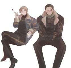  2boys beard_stubble blonde_hair blue_eyes blue_jacket brown_hair brown_jacket chris_redfield clenched_teeth elbow_rest facial_hair finger_gun fur_trim highres invisible_chair jacket leon_s._kennedy looking_at_viewer male_focus multiple_boys o3o requieluc resident_evil short_hair sitting stubble teeth turtleneck 