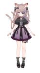  1girl absurdres ahoge animal_ears arms_at_sides bangs black_choker black_footwear brown_hair cat_ears cat_girl cat_tail choker closed_mouth dress eyepatch full_body grey_socks hair_between_eyes highres indie_virtual_youtuber long_hair looking_at_viewer multicolored_hair multiple_tails nekomiya_ayume one_eye_covered pink_hair purple_hair second-party_source shoes short_sleeves simple_background solo tail thigh_strap toufu_mentaru_zabuton violet_eyes virtual_youtuber white_background 