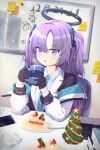  1girl absurdres arm_support bangs black_gloves blue_archive blush cake christmas christmas_cake collared_shirt commentary_request cup food gloves hair_between_eyes halo highres holding holding_cup hooded_coat long_hair long_sleeves looking_at_viewer lpleader mug necktie parted_lips purple_hair school_uniform shirt sidelocks solo strawberry_shortcake table two_side_up violet_eyes whiteboard yuuka_(blue_archive) 