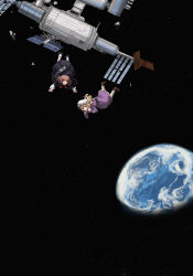  2girls absurdres belt black_background black_capelet black_hat blonde_hair bow capelet commentary dark_background debris dress earth_(planet) fedora floating floating_clothes floating_hair floating_headgear floating_object frills hat hat_bow hat_ribbon headgear highres in_orbit maribel_hearn mob_cap multiple_girls necktie planet purple_dress radiator radiator_panels ribbon ribbon-trimmed_capelet ribbon-trimmed_skirt ribbon_trim sky solar_panel space space_station spacecraft star_(sky) starry_sky there2007 torifune_(touhou) touhou trojan_green_asteroid usami_renko white_bow white_hat zero_gravity 