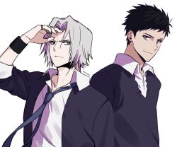  2boys 80x59x80 arm_up black_hair black_jacket black_sweater blue_eyes blue_necktie closed_mouth collared_shirt commentary_request frown gokudera_hayato grey_hair highres jacket jewelry katekyo_hitman_reborn korean_commentary looking_to_the_side male_focus multiple_boys multiple_rings necktie open_clothes open_collar open_jacket ring shading_eyes shirt sideways_glance simple_background smile sweater upper_body white_background white_shirt wing_collar wristband yamamoto_takeshi 