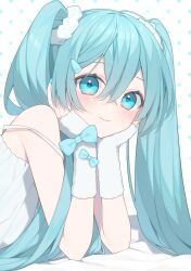  1girl absurdres aqua_bow aqua_hair bare_shoulders blue_eyes blush bow closed_mouth commentary crossed_bangs dress elbow_rest hair_between_eyes hair_ornament hair_scrunchie hairclip hands_on_own_face hatsune_miku head_rest highres long_hair looking_at_viewer polka_dot polka_dot_background scrunchie smile solo spaghetti_strap twintails upper_body very_long_hair vocaloid white_dress white_scrunchie yachishi_orca 