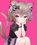  1girl ahoge animal_ears bangs cat_ears cat_girl cat_tail closed_mouth dress hands_on_own_cheeks hands_on_own_face hands_up heterochromia indie_virtual_youtuber knees_up looking_at_viewer multicolored_hair multiple_tails nekomiya_ayume pink_background pink_hair purple_hair red_eyes short_hair short_sleeves sitting solo tail toufu_mentaru_zabuton violet_eyes watermark 