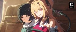  2girls ahoge animal_ears black_hair blonde_hair chalky_(zenless_zone_zero) cissia_(zenless_zone_zero) hair_between_eyes hair_ornament highres jane_doe_(zenless_zone_zero) long_hair mouse_ears mouse_girl multiple_girls official_art red_eyes tail zenless_zone_zero 