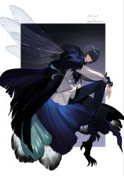  1boy badeni black_cloak black_hair black_pants blunt_bangs border chi.:_chikyuu_no_undou_ni_tsuite clawed_feet claws cloak commentary_request diamond_hairband dragonfly_wings fairy_wings fate/grand_order fate_(series) fur-trimmed_cloak fur_trim fusion gradient_background highres insect_wings looking_at_viewer male_focus medium_hair oberon_(fate) oberon_(third_ascension)_(fate) pants parted_lips sakitsu scar scar_on_face scar_on_mouth scar_on_nose shirt smile solo white_border white_shirt wings 