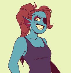  1girl 2019 2d anthro black_eyepatch black_tank_top blue_skin breasts cleavage colored_sclera colored_skin colored_teeth commentary digital_media ear_fins english_commentary eyepatch female female_only fins fish fish_girl green_background head_fins high_ponytail long_hair looking_at_viewer monster monster_girl mystery-mangoes ponytail red_hair sharp_teeth simple_background slit_pupils solo tank_top teeth undertale undyne upper_body utdr_(toby_fox) yellow_sclera yellow_teeth 