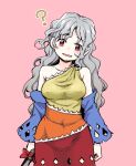  1girl ? bangs bare_shoulders blue_sleeves breasts detached_sleeves dra dress grey_hair head_tilt highres long_hair looking_at_viewer multicolored_clothes multicolored_dress open_mouth pink_background red_eyes sakata_nemuno single_strap solo touhou wavy_hair 