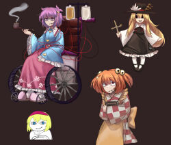  4girls absurdres alice_margatroid apron bell black_eyes black_hat black_skirt blonde_hair blue_shirt book brown_background checkered_clothes checkered_kimono commentary cross crossed_arms english_commentary hair_bell hair_ornament hairband hat heart highres holding holding_book holding_smoking_pipe intravenous_drip jacket_girl_(dipp) japanese_clothes kimono komeiji_satori long_hair long_sleeves meme motoori_kosuzu multiple_girls murder_in_pseudo_paradise orange_hair people_with_blue_eyes_(meme) pink_skirt red_hairband shirt short_hair simple_background sitting skirt smoking_pipe there2007 third_eye touhou two_side_up wheelchair wheelchair_detective_satori yellow_apron 