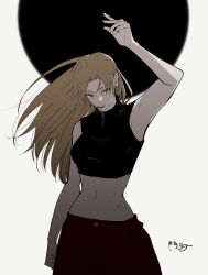  1girl absurdres black_hole blonde_hair closed_mouth crop_top gyunyu_gokugoku highres jujutsu_kaisen long_hair pants red_eyes red_pants shirt simple_background sleeveless sleeveless_shirt sleeveless_turtleneck tall_female tsukumo_yuki_(jujutsu_kaisen) turtleneck white_background 