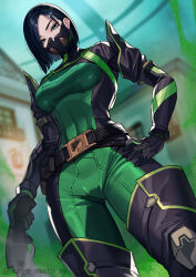 1girl gas_mask green_bodysuit green_eyes mask valorant viper_(valorant)