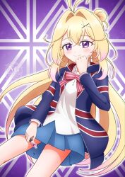  1girl antenna_hair blonde_hair blush commentary_request cosplay cure_arcana_shadow gradient_hair hair_bun hair_intakes hair_ornament highres jacket kin-iro_mosaic kujou_karen kujou_karen_(cosplay) long_hair looking_at_viewer meitantei_precure! moegi_high_school_uniform moria_luluka multicolored_hair pleated_skirt precure revaspa_picture school_uniform shirt skirt smile solo touyama_nao union_jack very_long_hair violet_eyes voice_actor_connection x_hair_ornament 