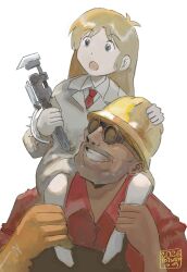  1boy 1girl :o age_difference artist_name black-framed_eyewear black_eyes black_overalls black_shoes blonde_hair carrying collared_shirt commentary cowlick dated dress_shirt engineer_(tf2) english_commentary full_body goggles grin hands_on_another's_legs hard_hat helmet highres holding holding_tool holding_weapon holding_wrench impressed improvised_weapon lab_coat long_hair looking_at_another looking_at_object looking_to_the_side looking_up necktie nichijou open_mouth overalls piggyback potsato professor_shinonome raised_eyebrows red_engineer_(tf2) red_necktie red_shirt shirt shoes signature simple_background sitting sitting_on_person smile team_fortress_2 trait_connection upper_body weapon white_background white_shirt wide-eyed wrench yellow_helmet 