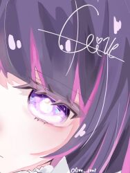  1girl black_hair bow bowtie close-up columbina_(genshin_impact) commentary_request crying eye_focus frown genshin_impact highres multicolored_hair olive_1001 purple_hair purple_streaks ribbon solo streaked_hair tearing_up tears unusually_open_eyes violet_eyes 