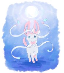  :> animal_focus blue_background blue_eyes border bow closed_mouth commentary full_body full_moon looking_at_viewer moon no_humans pokemon pokemon_(creature) pokemon_focus ribbon rioon_fish simple_background solo standing sylveon untranslatable_commentary white_border white_fur 