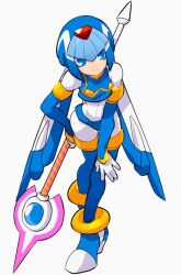  1girl armor blue_armor blue_eyes blue_helmet cowboy_shot fairy_leviathan_(mega_man) forehead_jewel helmet highres holding holding_polearm holding_weapon mega_man_(series) mega_man_zero_(series) omeehayo polearm simple_background solo spear standing weapon white_background 