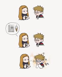  1boy 1girl beard beard_stubble casual chibi coffee coffee_maker coffee_mug commentary_request cup eva_stratt facial_hair food highres ice_cream korean_commentary messy_hair mug project_hail_mary ryland_grace solm88888 stubble 