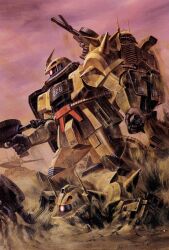  1980s_(style) box_art commentary_request desert explosive finger_on_trigger glowing glowing_eye grenade gun gundam gundam_msv highres holding holding_grenade holding_gun holding_weapon ishibashi_ken'ichi mecha mecha_focus military_vehicle mobile_suit motor_vehicle official_art one-eyed radio_antenna red_eyes retro_artstyle robot sand science_fiction shoulder_spikes spikes standing tank third-party_source weapon zaku_desert_type zeon 