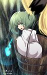  1girl bangs bucket dated from_behind full_body green_eyes green_hair hair_bobbles hair_ornament highres japanese_clothes kimono kisume looking_at_viewer looking_back open_mouth short_hair solo standing touhou toyono_kitsune twintails twitter_username white_kimono wooden_bucket 