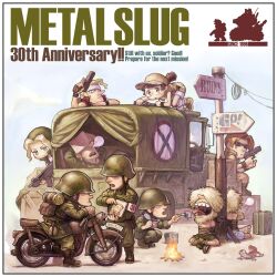  2girls 6+boys absurdres all_fours anniversary blonde_hair border brown_hair campfire can chibi chibi_only commentary copyright_name crate english_commentary english_text feeding field_cap fio_germi gun handgun hat helmet highres holding holding_can holding_gun holding_weapon humvee kasamoto_eri lizard marco_rossi metal_slug motor_vehicle motorcycle multiple_boys multiple_girls nose_bubble official_art ogura_eisuke on_motorcycle prisoner_of_war_(metal_slug) second-party_source sleeping soldier squatting tarma_roving weapon white_border 
