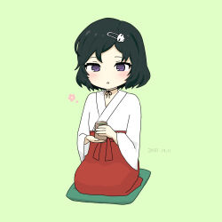  1boy :o black_hair black_ribbon blush commentary_request cup cushion dated deformed flower full_body green_background hair_ornament hairclip hakama hakama_skirt highres holding holding_cup japanese_clothes kimono long_sleeves male_focus neck_ribbon pink_flower red_skirt ribbon science_adventure seiza simple_background sitting skirt skull_hair_ornament smoke solo steins;gate syake_ps tea trap urushibara_luka violet_eyes white_kimono wide_sleeves yunomi zabuton 