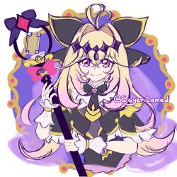  antenna_hair black_capelet blonde_hair brooch capelet cure_arcana_shadow diamond_hairband frilled_capelet frilled_cuffs frills glove_ribbon heart heart_brooch highres holding holding_rod impossible_hair jewelry magical_girl makoto_mirai_academy_middle_school_uniform meitantei_precure! moria_luluka naze?_nazo?!_answer pact_holder precure purple_veil purple_wrist_cuffs rod sayerita school_uniform tear_arcana_rod veil white_background wrist_cuffs 