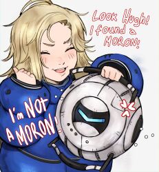  1girl :d ^_^ absurdres anger_vein blonde_hair blue_jacket blush closed_eyes commentary crossover diana_(pragmata) down_jacket english_commentary english_text forehead grey_background highres holding jacket kirtome long_hair long_sleeves portal_(series) portal_2 pragmata puffy_long_sleeves puffy_sleeves simple_background sleeves_past_wrists smile wheatley 