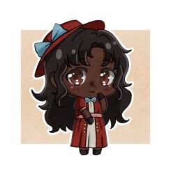  1girl black_boots black_gloves black_hair blue_bow boots border bow brown_background brown_eyes chibi closed_mouth commission dark-skinned_female dark_skin dot_nose dress eyelashes gloves gold_buttons hand_on_lap hand_on_own_cheek hand_on_own_face happy hat hat_bow highres layered_dress light_blush long_dress long_hair looking_at_viewer messy_hair nonoberry22 original outline outside_border parted_bangs pink_sash pleated_dress puffy_short_sleeves puffy_sleeves red_dress red_hat sash short_sleeves smile solo standing very_dark_skin very_long_hair vgen_commission waist_sash white_border white_dress white_outline 