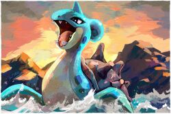  afloat animal_focus black_eyes bright_pupils commentary english_commentary full_body horns lapras looking_at_viewer no_humans open_mouth outdoors pokemon pokemon_(creature) rock sharp_teeth shell sifyro single_horn solo sunset swimming teeth water white_pupils 