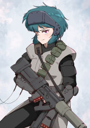  1girl absurdres ammunition_pouch blue_hair bulletproof_vest bullpup closed_mouth commentary_request cyborg fingerless_gloves ghost_in_the_shell gloves gun hair_between_eyes haldeco head-mounted_display highres holding holding_gun holding_weapon kusanagi_motoko looking_at_viewer medium_hair pouch revision violet_eyes weapon 