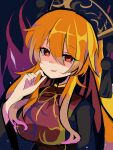  1girl :d bangs black_background energy harakune_(mugennero) headdress highres junko_(touhou) long_hair looking_at_viewer one-hour_drawing_challenge open_mouth orange_hair red_eyes simple_background smile solo tabard touhou upper_body 