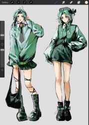  1girl ahoge aqua_eyes aqua_hair aqua_sweater art_program_in_frame bag beret black_bag black_boots black_choker black_hat black_necktie black_skirt boots braid choker collared_shirt commentary_request full_body grey_background hand_on_own_hip hat highres holding holding_bag leg_ribbon long_hair low_side_ponytail lucky_cyan_(to_be_hero_x) multiple_views necktie open_mouth pao_fu226 parted_bangs ribbon shirt shirt_under_sweater shorts side_ponytail skirt smile standing sweater to_be_hero_x twin_braids 